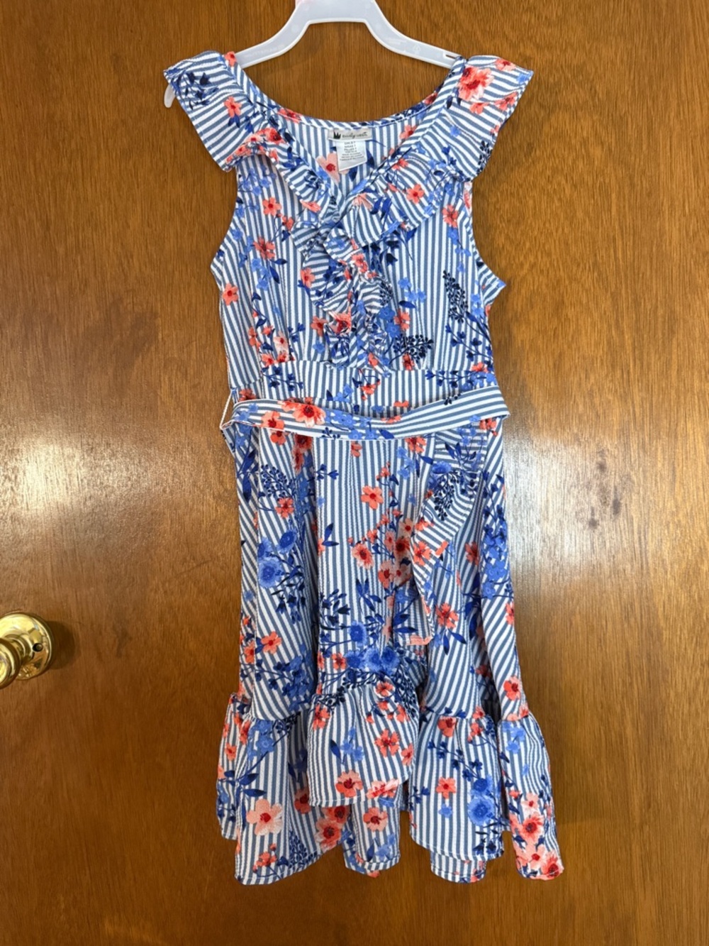 Emily West Blue, White & Red Striped Floral Ruffle Dress